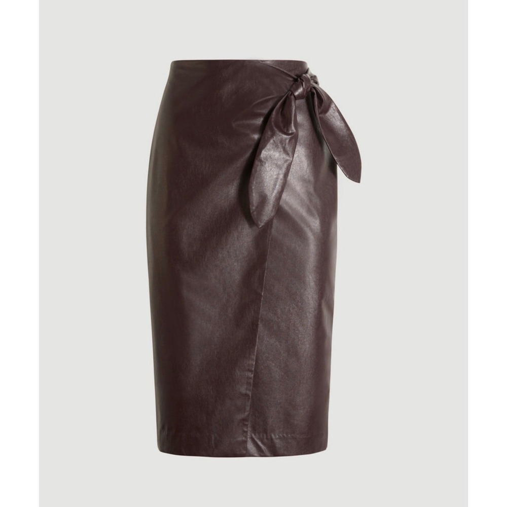 Ann Taylor Faux Leather Skirt Womens 4 Burgundy Plum Wrap Tie Waist Midi Pencil